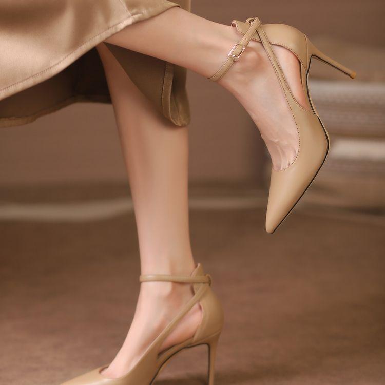 Nude high heels women's stiletto 2025 spring new hollow temperament celebrity French one-word buckle with pointed single shoes