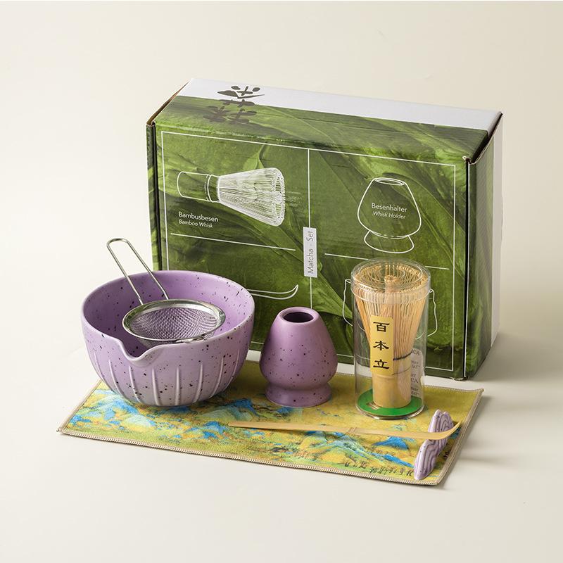 Zestaw Japońskiej Matchy 4/7 Szt. z Wypukłą Ceramiczną Miseczką, Bambusową Ubijaczką Matcha i Łyżeczką do Herbaty do Samodzielnego Robienia Herbaty, Akcesoria