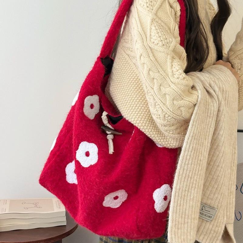 Plush flower embroidery commuter bucket bag autumn and winter new niche design simple woolen tote bag
