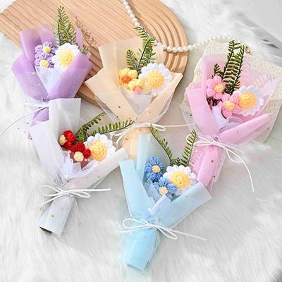 Finished Crochet Flower Bouquet Artificial Flower Room Decoration Handmade Knitted Flowers Bouquet Wedding Party Gifts