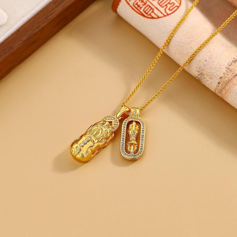 Copper Gold Plated Pendant Necklace With Pixiu Vajra Charm Rhinestone Accented Layered Choker Women