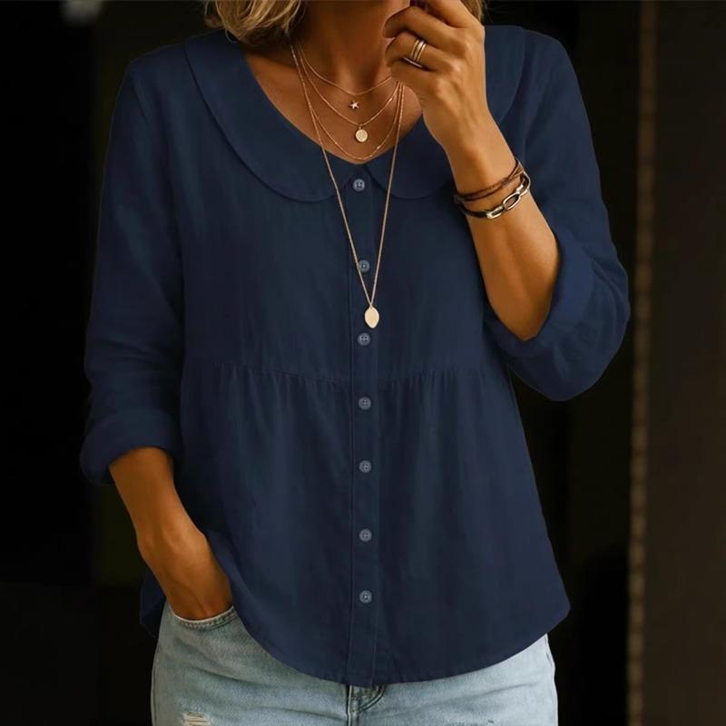 Women's Peter Pan Collar Linen Blend Blouse Button Down Long Sleeve Casual Shirt