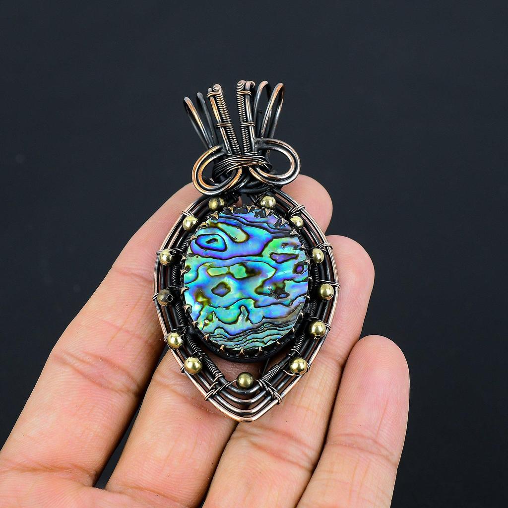 Abalone-Muschel-Edelstein, reiner Kupferdraht, umwickelt, handgefertigter Schmuckanhänger für Sie