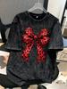Multi Color Leopard Bow Print Graphic TShirt 2D Flat Print Retro Washed Crew Neck Casual Short Sleeve Daily Street Style Top
