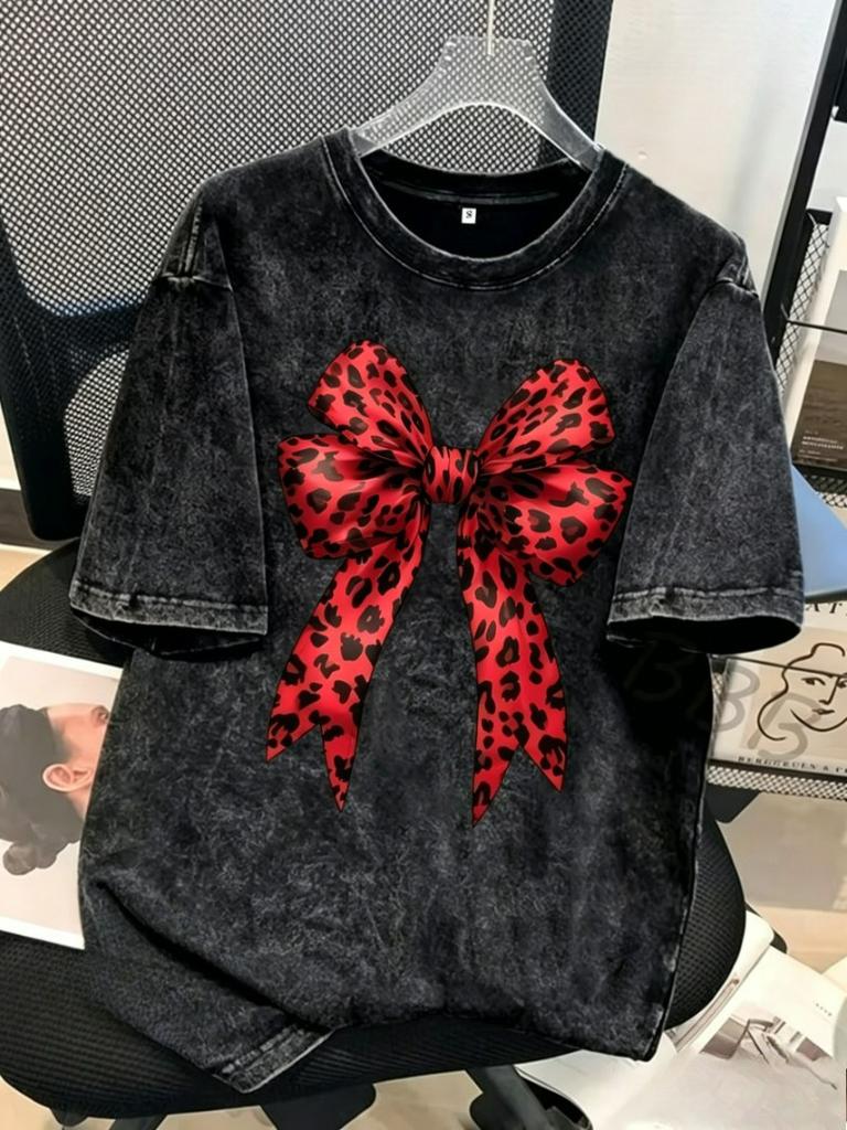 Multi Color Leopard Bow Print Graphic TShirt 2D Flat Print Retro Washed Crew Neck Casual Short Sleeve Daily Street Style Top