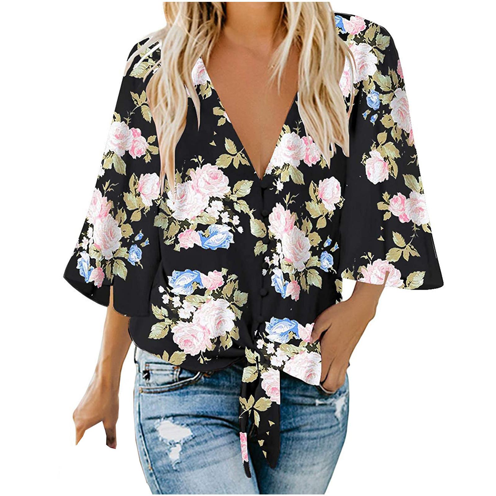 Fashion Womens Three-quarter Sleeve V-Neck Tee Casual Popular Blouse Tops S чёрный