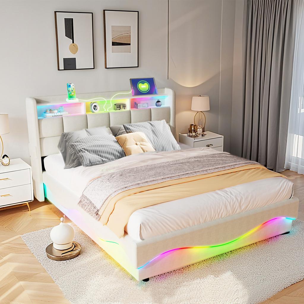 Upholstered Platform Bed RGB LED Light Hydraulic Gas Lift Storage Headboard Shelf USB Type-C Charging Station Modern Bed Frame
