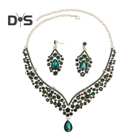

1 комплект ожерелье серьги комплект ожерелье со стразами серьги выпускной свадьба вечеринка невесты симметричные висячие серьги официальные случаи комплект украшений на шею зелёный