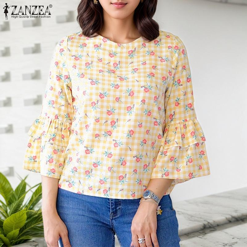 ZANZEA Women Floral Print Casual Round Neck 3/4 Sleeve Loose Plaid Blouse