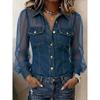 Spring New Women's Fashion Casual Faux Denim Patchwork Chiffon Long-sleeve Top
