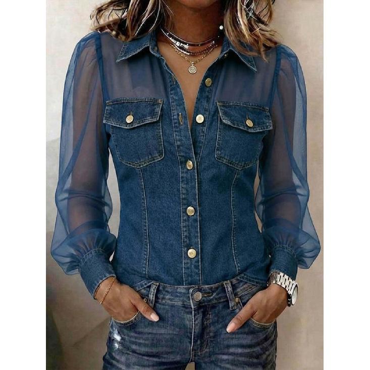 Spring new women s fashion casual faux denim patchwork chiffon long-sleeve top S темно-синий