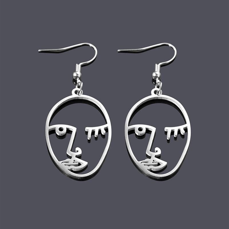 Fashion Silver Color Hollow Abstract Face Dangle Earrings Stainless Steel Earrings For Women Hip Hop Jewelry