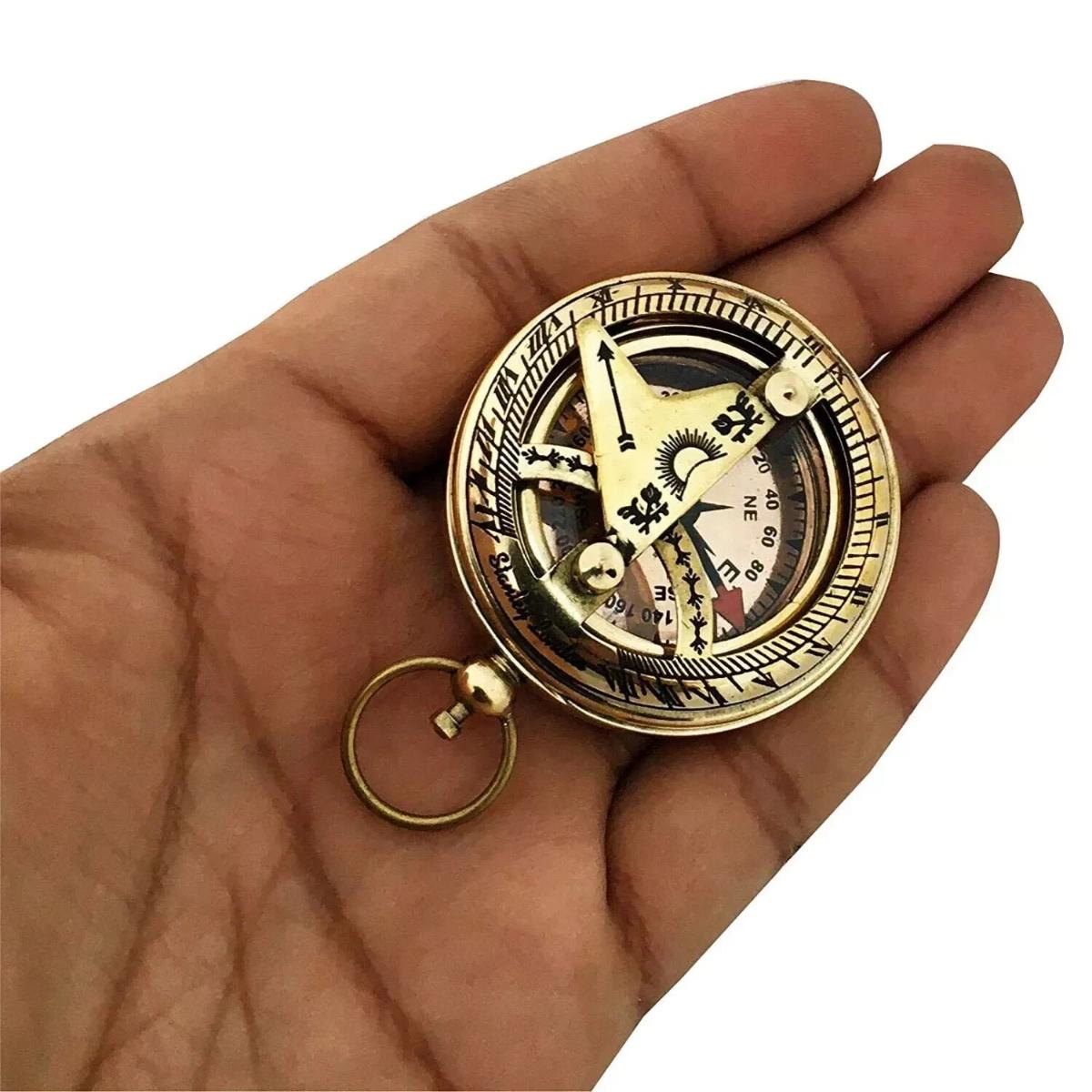 

Vintage Brass Sundial Compass Push Button Lid Pocket Navigation Tool with Leather Case Handmade Nautical Collectible Gift Standard