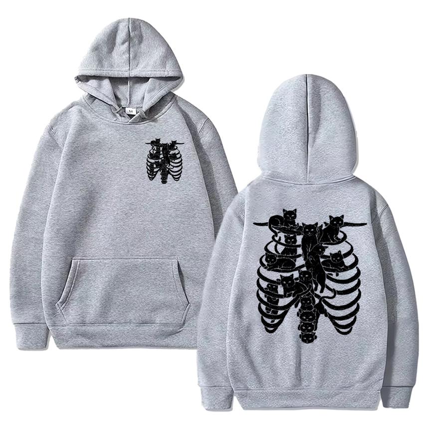 Gothic Harajuku Skeleton Cat Double Sided Printed Hoodies Men Women Fleece Casual Streetwear Pullovers Unisex Vintage Sweatshirt