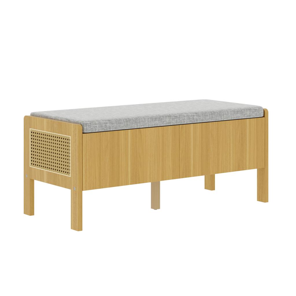 Shoe Bench, Storage Bench, Seating Cabinet, Side Panels with Rattan Weave, 2 Drawers, Color: Natural, Dimensions: 113 × 45.5 × 40 cm