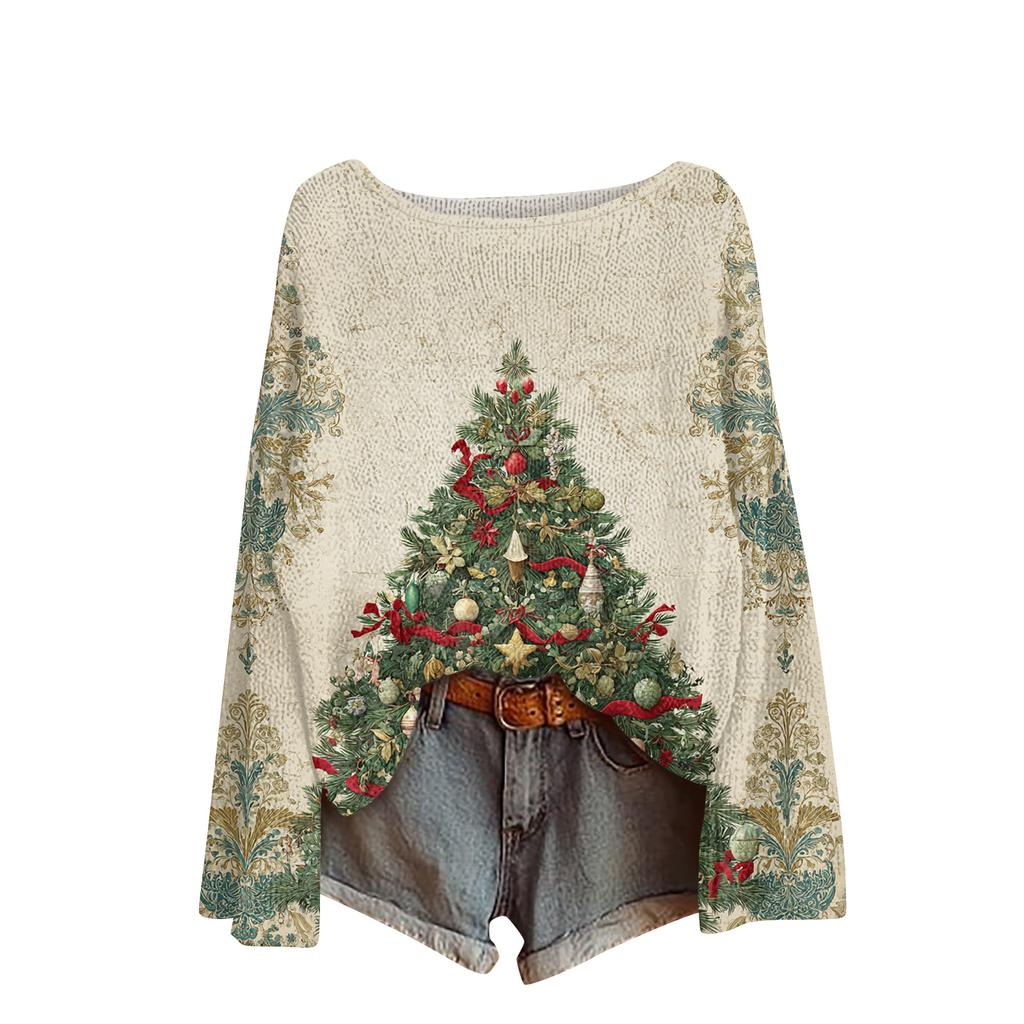Ladies' Fashionable Casual Long Sleeved Christmas Printed Round Neck Knitted Yarn