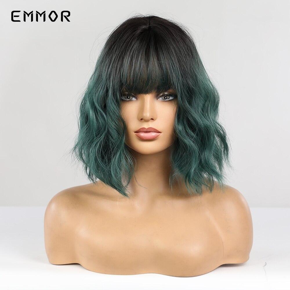 Cosplay Lolita HairTypeWigs Short Wavy Ombre Balck To Green Bob Hair TypeWig with Bangs for Women Soft Heat Resistant