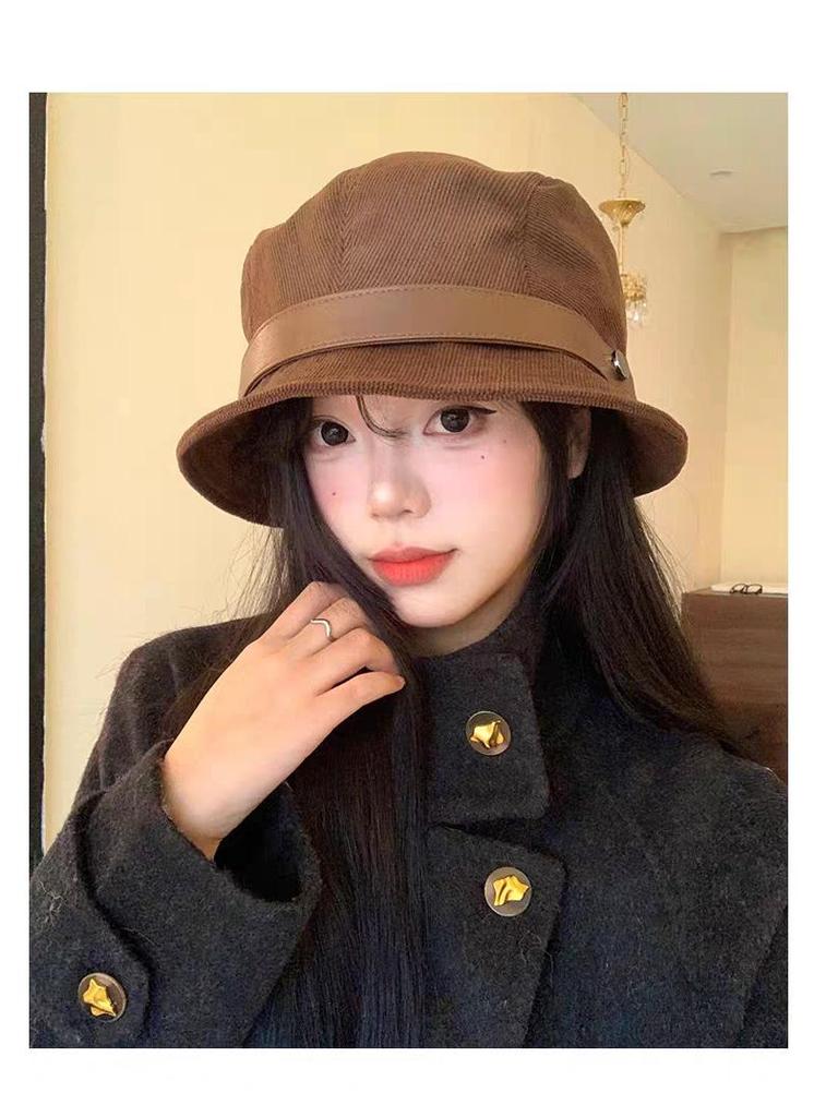 Korea 2025 A/W Coffee Color Japanese Style Women's Fisherman Fedora Hat for Large Heads, Slimming Effect, Rich Girl Style