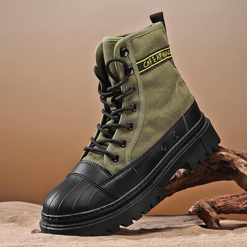 Autumn Winter Fashion Green Men Motorcycle Boot Platform Breathable Canvas Boots Men Lace-up Ankle Boots for Men Botas Masculino