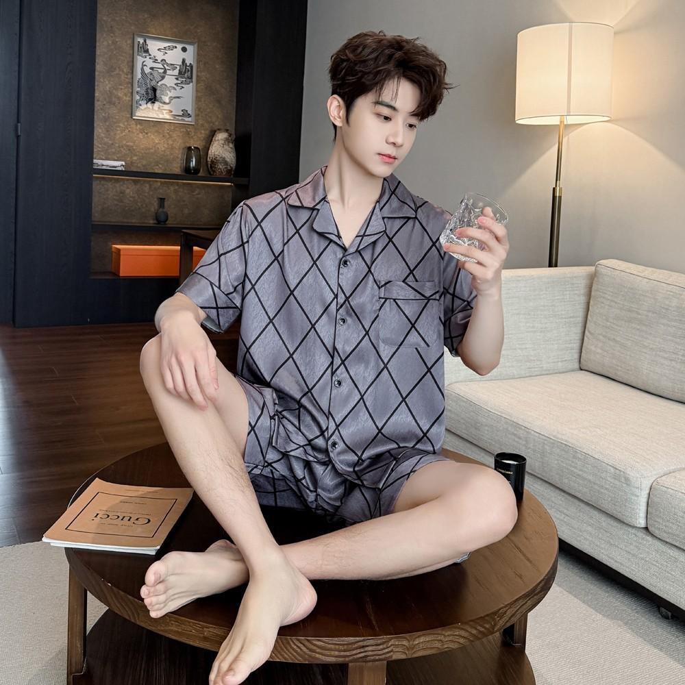 Pajamas Men's 1011 Spring and Summer New Short-sleeved Shorts Cardigan Set Ice Silk Printing High-end Loungewear