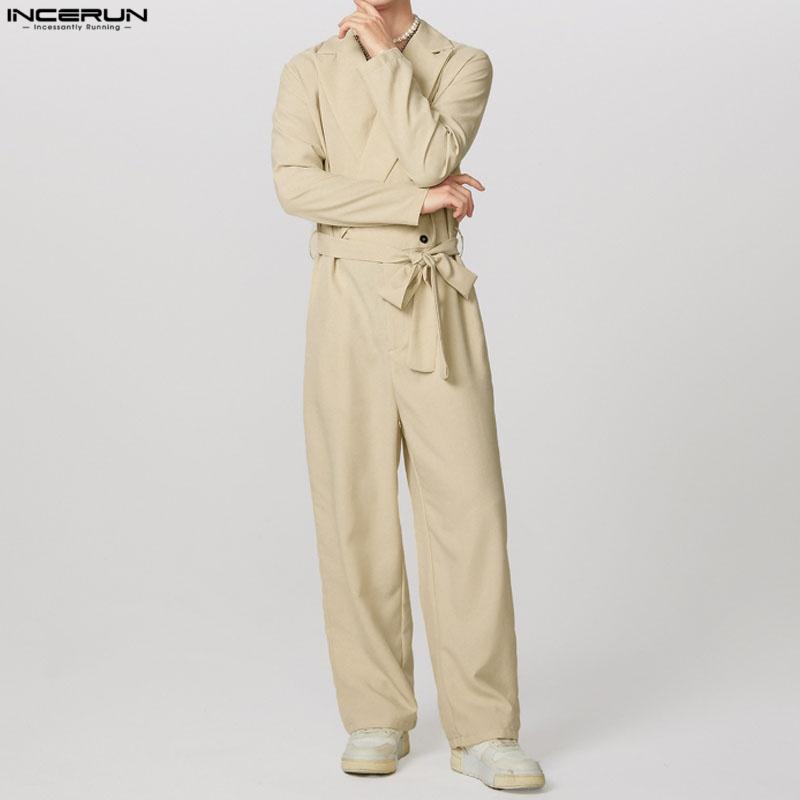 

INCERUN Мужской комбинезон с длинным рукавом, двубортный, с поясом, повседневный, длинный, на молнии 4XL бежевый