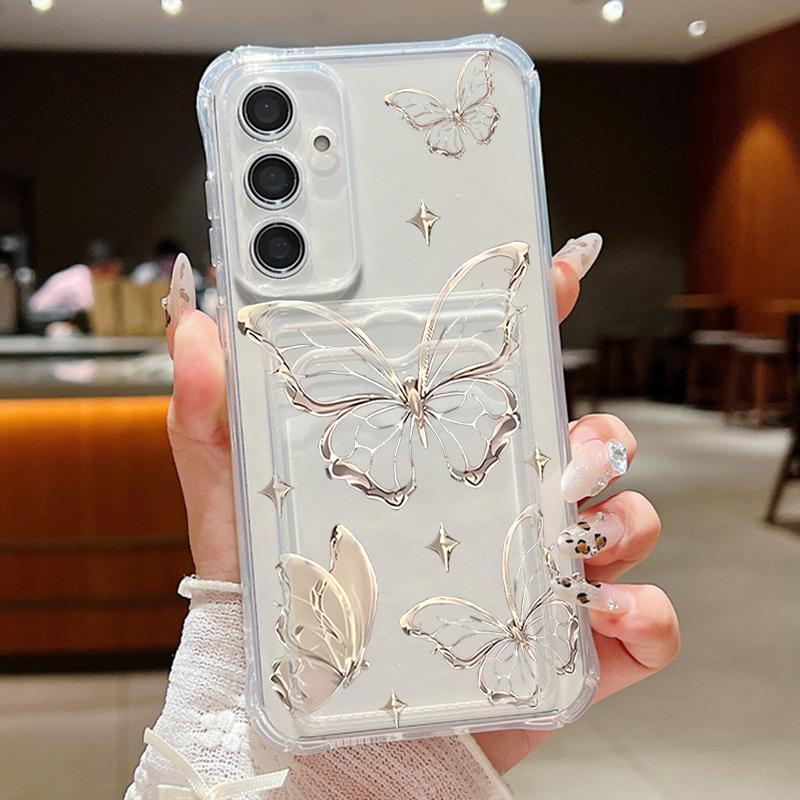 Gold Butterfly Print Card Bag Wallet Case For Samsung Galaxy S25 S24 S22 Ultra S23 S24 FE A56 A55 A35 A15 A16 5G TPU Phone Cover