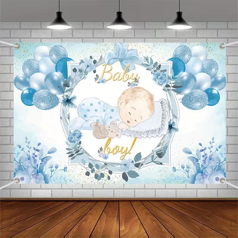 2D Baby Boy Watercolor Backdrop Blue Floral & Balloon Gender Reveal Photo Background
