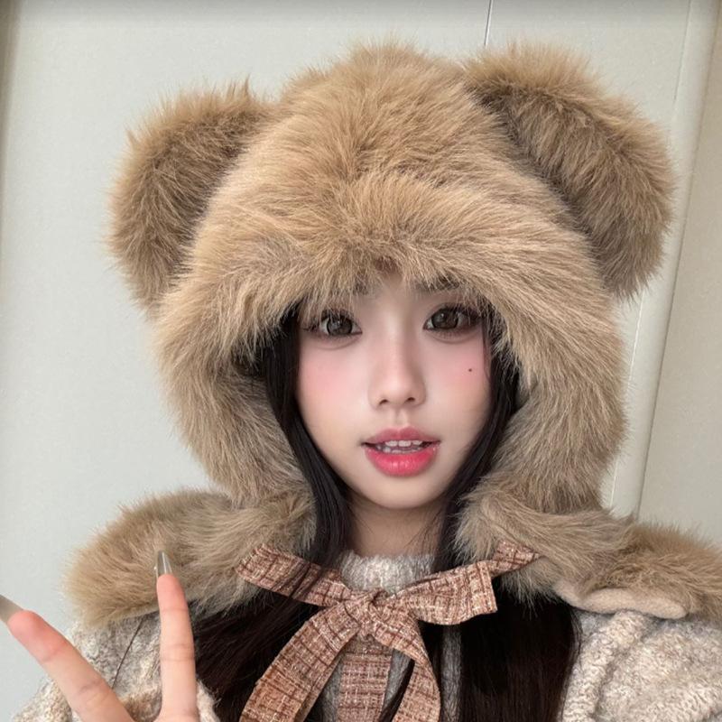 Cute Plush Bear Hat for Women In Autumn and Winter Fashion Thickened Warm Ear Protection Hat Scarf Integrated Windproof Lei Feng Hat