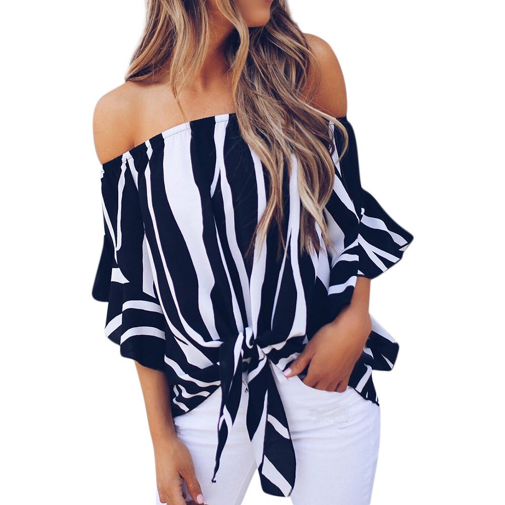 Women Striped Off Shoulder Waist Tie Blouse Short Sleeve Casual T Shirts Tops