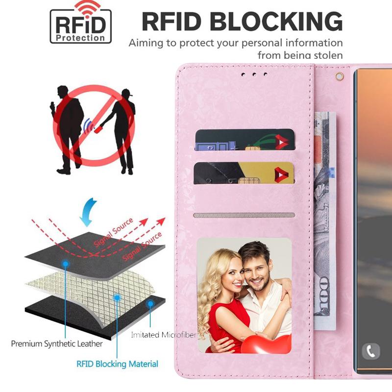 Luxury 3D Gilded Flowers Printed Case Cover for iPhone 14 13 12 11 Pro Max Samsung Galaxy S23 S22 S21 S20 A13 A23 A33 A53 A73 RFID Blocking Wallet Bag