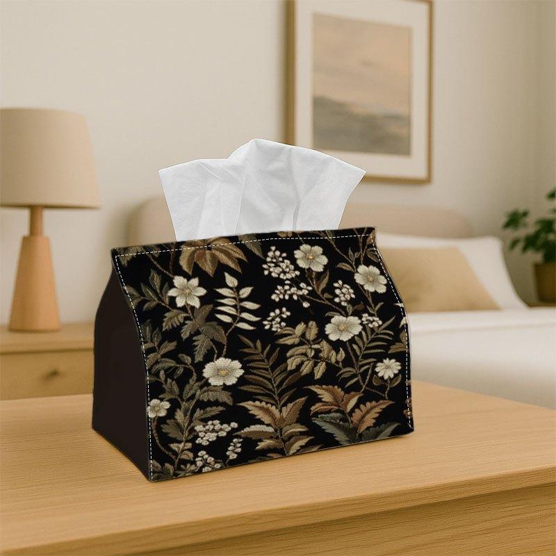 1pc Tissue Box Cover Features a Stitched Design of Woodland Leaves. This Soft Fabric Decorative Box Has a Collapsible Lid, Making It Compact And Easy