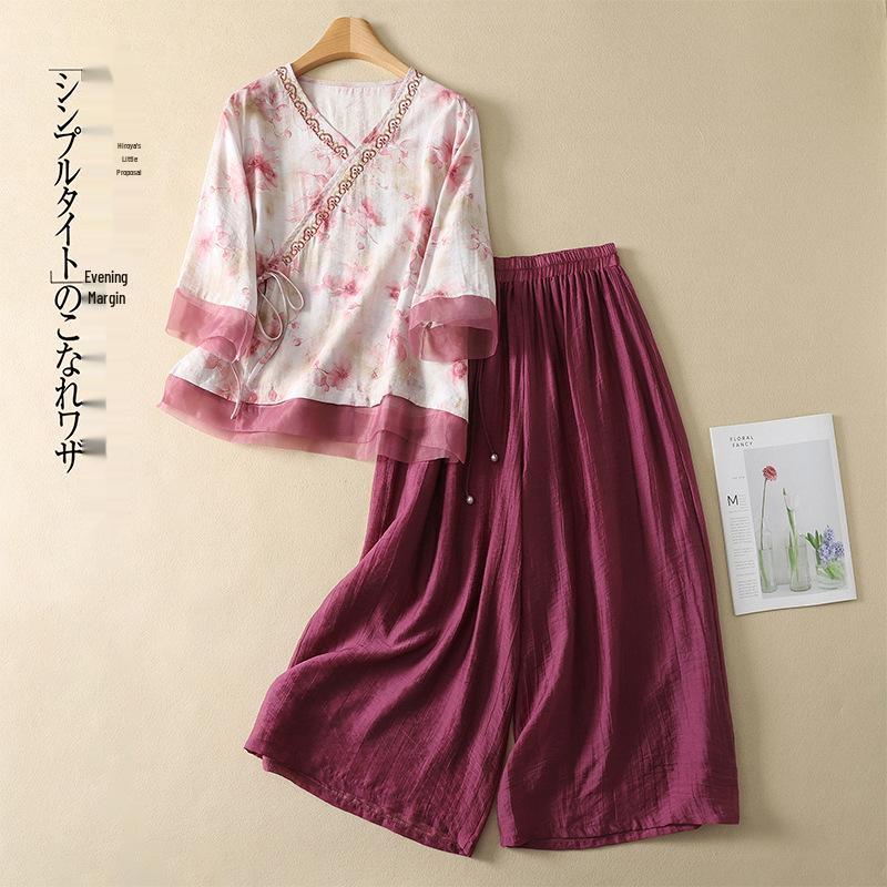 Summer 2026 Tencel Plus Size Embroidered Retro Top & Wide-Leg Pants Set M