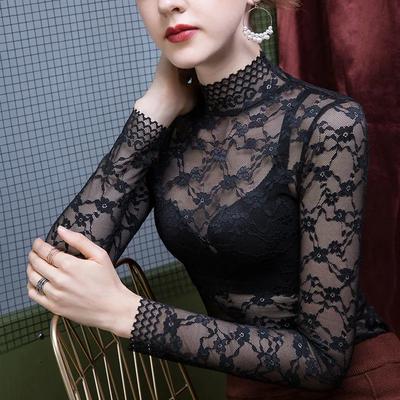 Women's Black Floral Lace Turtleneck Sheer Long-Sleeve Slim-Fit Top