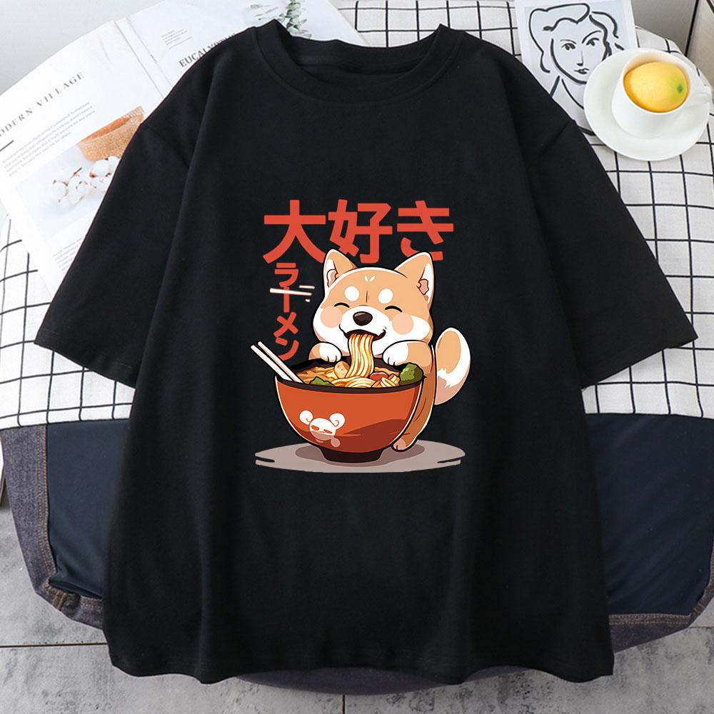 Shiba Inu Enjoying Ramen T-shirts 100% Cotton High Quality Summer Tee-shirt Casual Women/Men Kawaii Tshirt Cute Girls Shirts