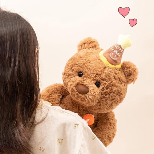 LIULINY 30cm Teddy Bear Plush Toy with Hat & Cake, Soft Cuddly Stuffed Animal Doll, Birthday Christmas Gift for Girls Boys Kids Party