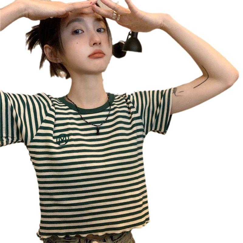 Versatile striped short-sleeved t-shirt women's ins trendy summer new Korean version design slim-fitting short student top