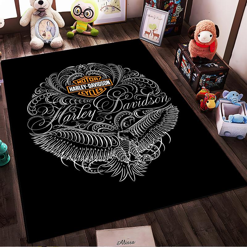 """Schwarzer Teppich mit Harley-Davidson-Logo und Adler-Grafikdesign"" Geeignet für den Einsatz als Anti-Rutsch-Matte für Wohnzimmer, Schlafzimmer, Sofas"""