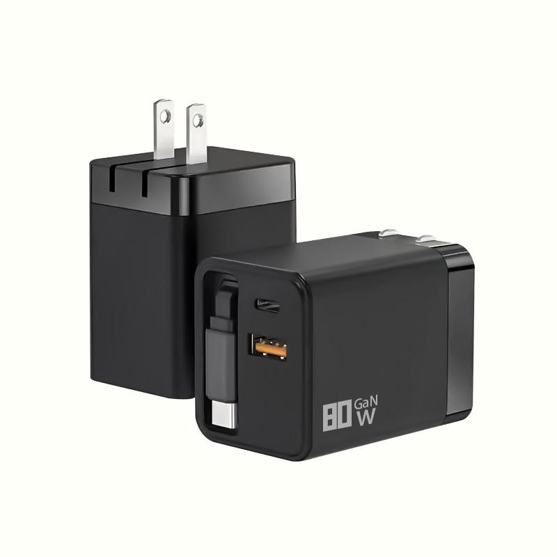 80W GaN Dual Port Retractable Fast Charger for Apple, Android, Huawei - USB A+C