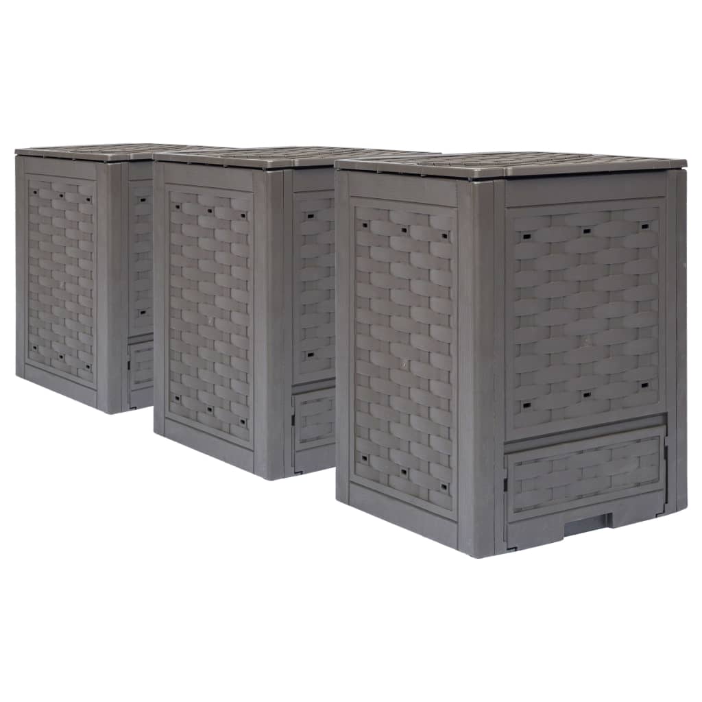 Garden Composter Set 3 Pieces Brown 60 x 60 x 83 cm 900 L Total Capacity Plastic with Rattan Finish