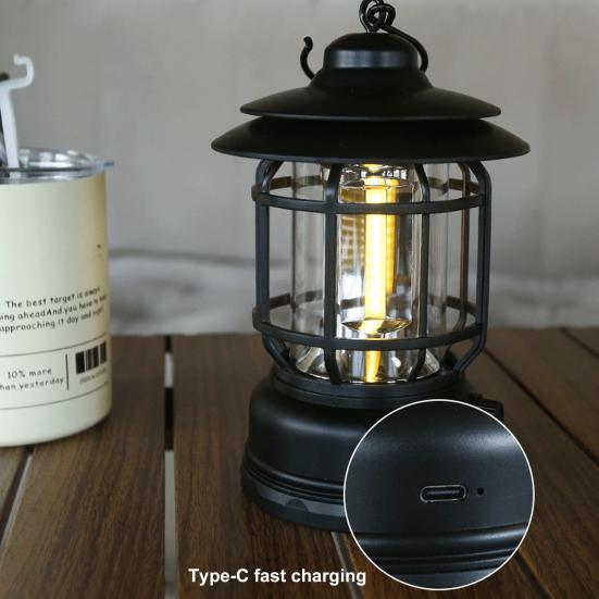 Retro Shape Outdoor Camping Light IPX4 Waterproof Type-C Fast Charging Hook Design Tent Lamp Multifunctional Handheld Outdoor Light