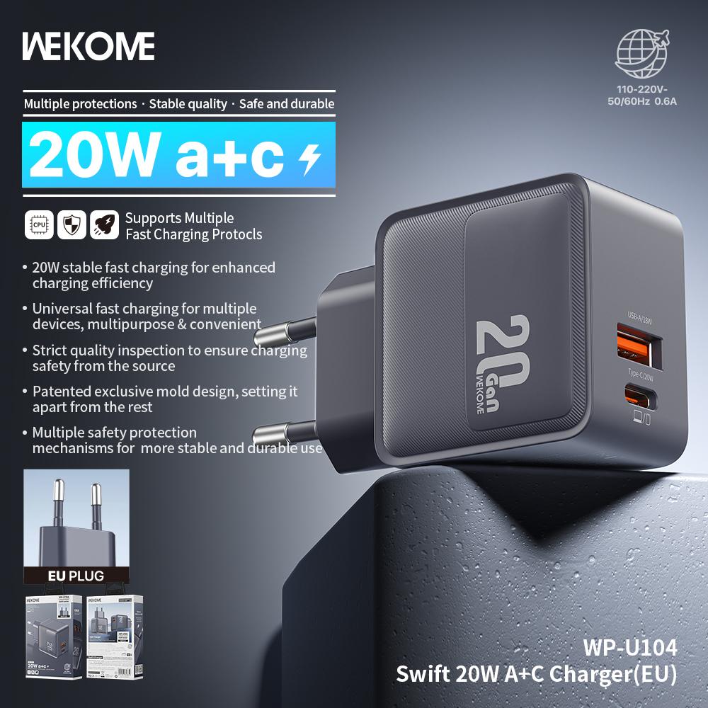 WEKOME 20Wa+C Flash Charger WP-U104 (European Standard) supports multiple fast charging protocols.