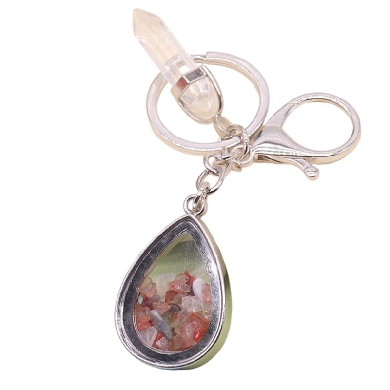 Natural Stone Crystals Teardrop Shape Photo Locket Keychain Featuring Diamonds Cut Designs for Sentimental Gifts
