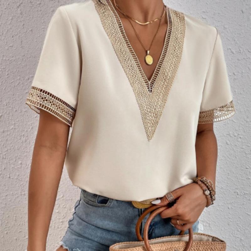 Plus Size Women's V Neck Lacework Loose Top Short Sleeve Casual T-Shirt Woman Blouses & Shirts