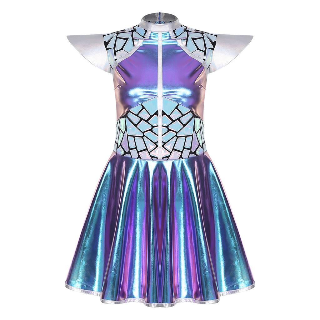 Complete Women‘s Alien Astronaut Halloween Costume S-3XL: Gradient Sequin Mini Dress with Metallic Patchwork & Fly Sleeves