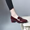 Single Shoes Women's 2025 Spring Simple Temperament Square Heel Work Shoes Cow Patent Leather Shallow Mouth One Pedal Two Kinds of Height Leather