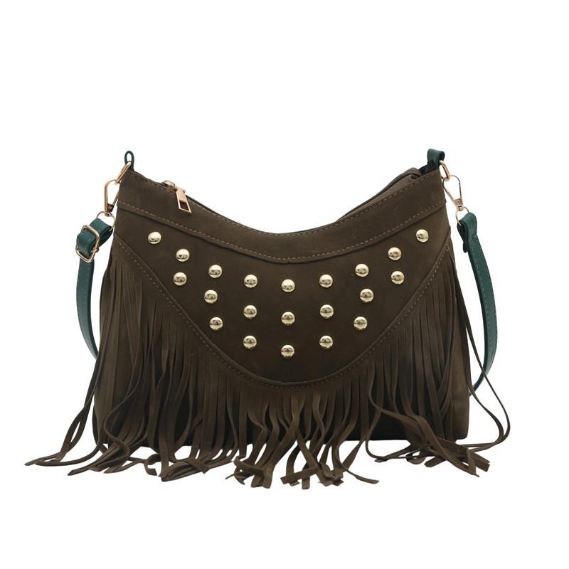 Ethnic style matte small bag women's new fashion rivet personalized tassel retro shoulder crossbody dumpling bag