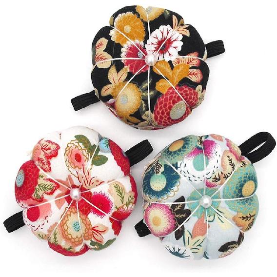 Jafirous 3Pcs DIY Sewing Pincushion Pumpkin Shape Cotton Fabric Button Wrist Strap for Cross Stitch Sewing Safety Pin Cushion Accessories Elastic