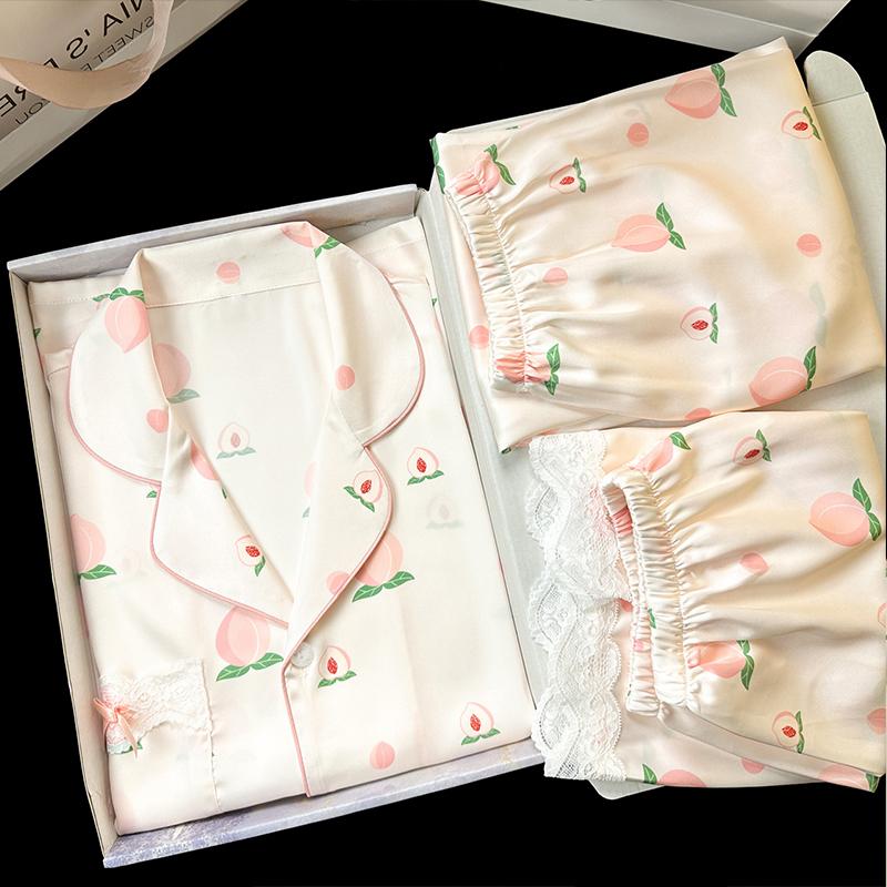 Cartoon Cute Cats Print Three-piece Women's Pajamas Casual Fashion Short Sleeve Lounges  Spring Lady Homewear