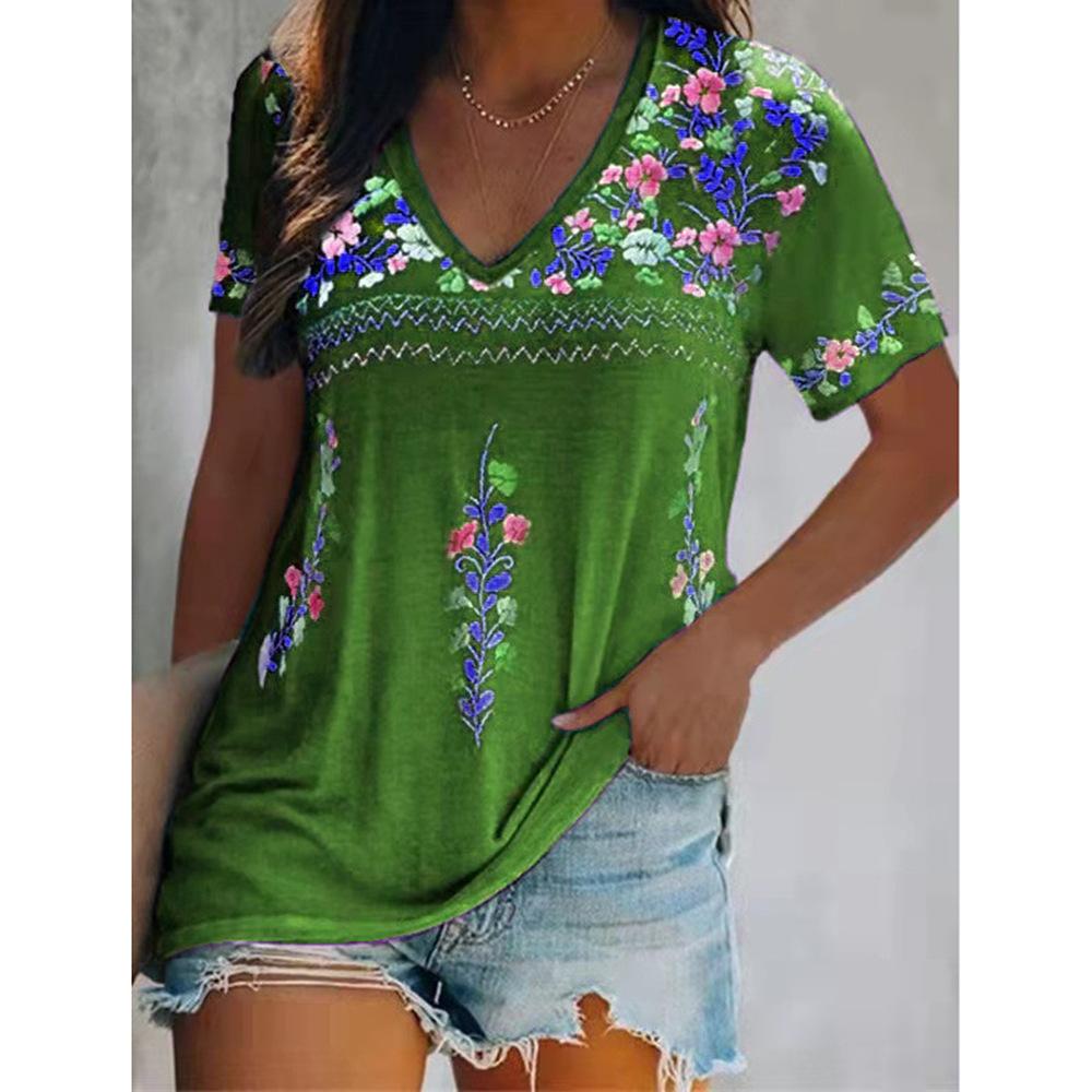 T-shirt Women Summer Floral Printing V-neck Short Sleeve Ethnic Style Women's Tshirts