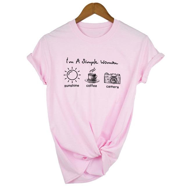 I M A Simple Woman Sunshine Coffee And Camera White Shirt Women S Crew Neck T